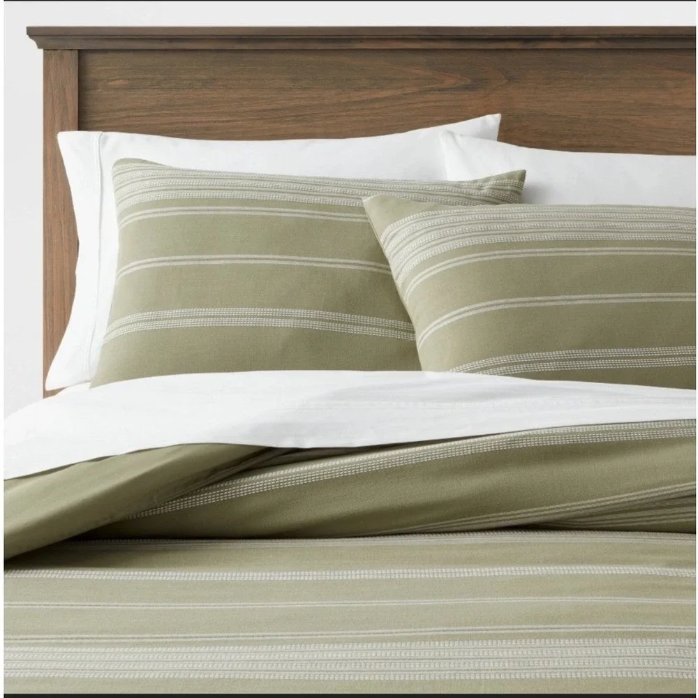 Threshold Duvet Cover Set King Moss Green Cotton Woven Stripe 3pc NWT